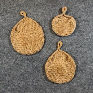 Set Of 3 Crochet Jute Hanging Teardrop Fruit Baskets Boho Woven Decor